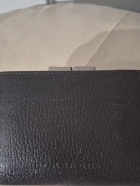 Burberry Brown Pebbled Leather Womens Compact Wallet with Silver Clasp